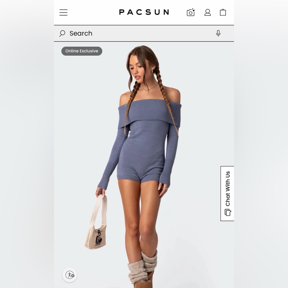 PacSun Off-Shoulder Ribbed Knit Romper in Dusty Blue